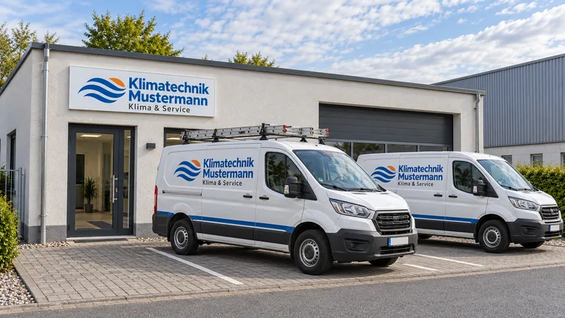 Zwei beschriftete Servicefahrzeuge vor dem Betrieb