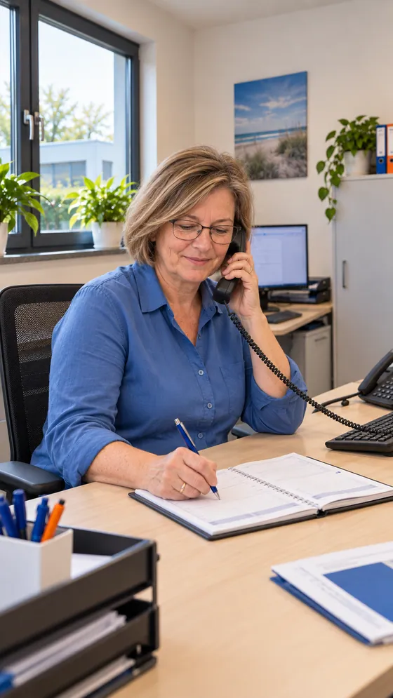 Sabine telefoniert und notiert einen Termin im Büro
