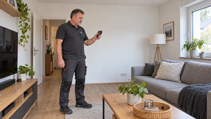 Thomas misst einen Wohnraum für die Planung einer Klimaanlage aus