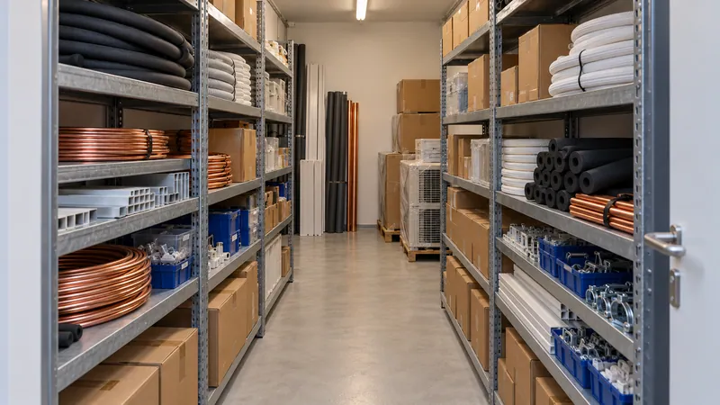 Materiallager mit Kupferrohren, Dämmung und Klimageräten