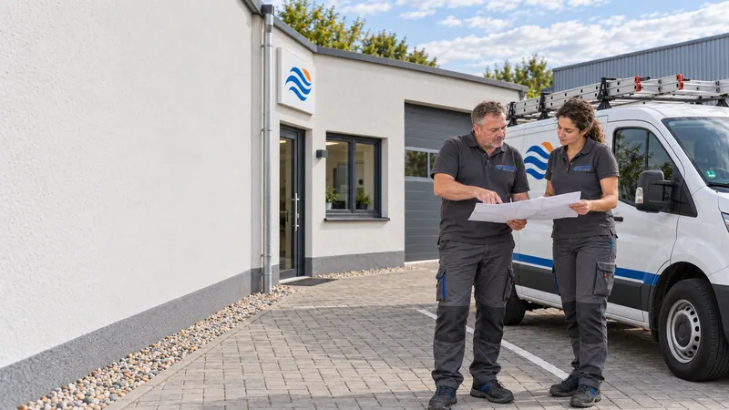 Thomas und Aylin besprechen einen Montageplan neben einem Servicefahrzeug