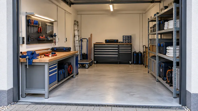 Kleine Werkstatt mit Werkbank und Werkzeugregalen