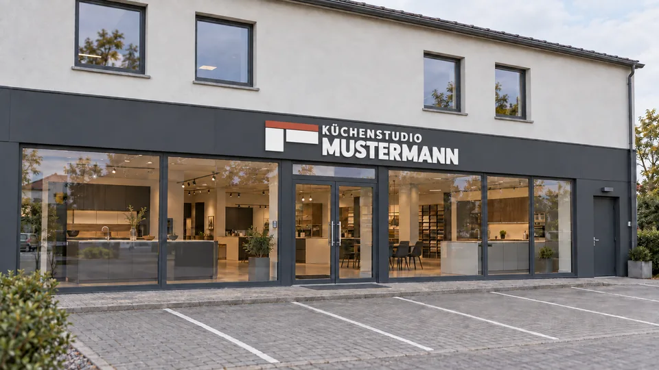 Außenansicht des fiktiven Küchenstudios mit Schaufenstern, Eingang und freien Parkplätzen.