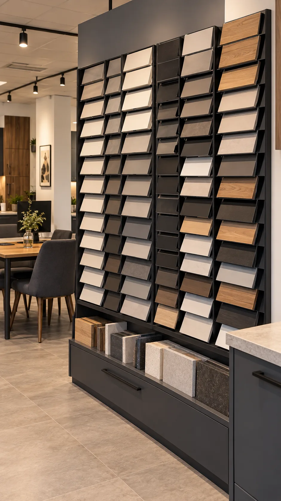 Materialwand mit Frontmustern und Arbeitsplattenmustern im Küchenstudio.