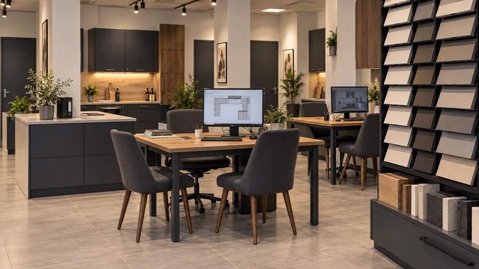 Beratungsbereich mit zwei Arbeitsplätzen, Küchenplanung am Bildschirm und Materialwand.