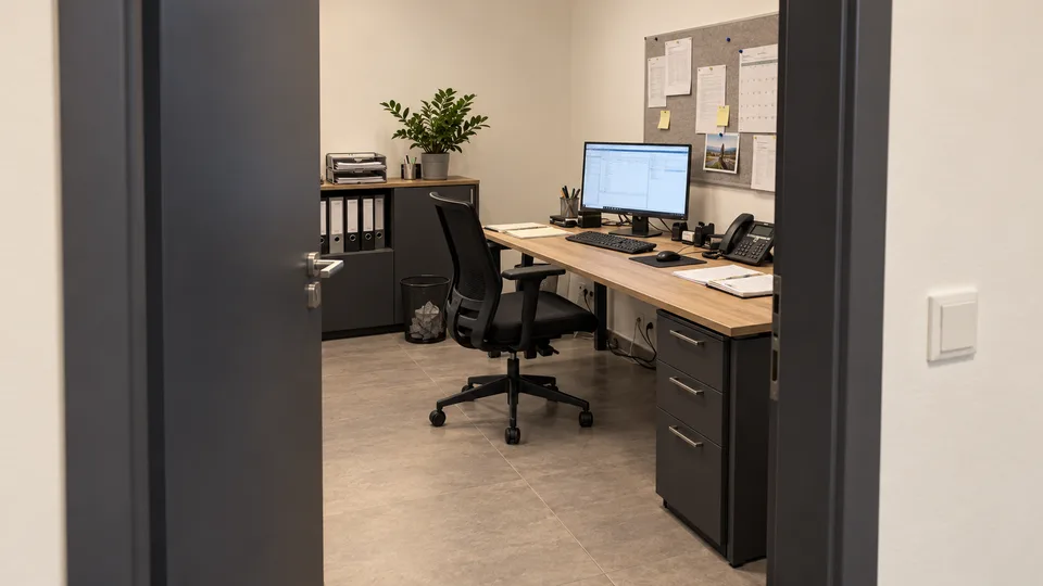 Blick durch die offene Tür in das Büro mit Schreibtisch und Aktenschrank.