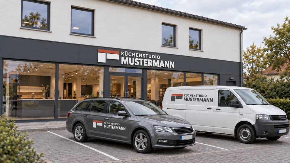 Grauer Kombi und weißer Montagewagen vor dem Küchenstudio.