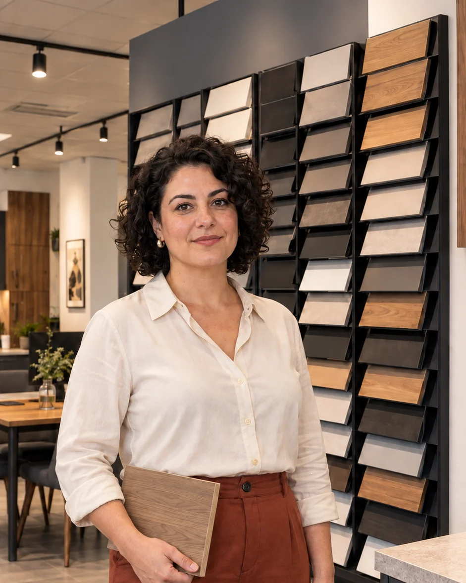 Selin Musterfrau mit lockigem Haar, heller Bluse und Frontmuster vor der Materialwand.