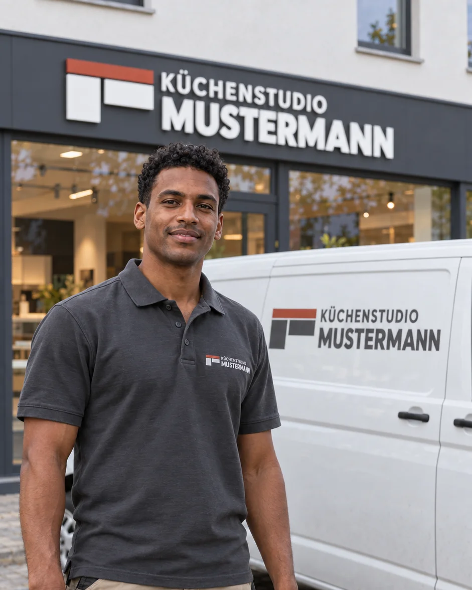 David Mustermann in Montagekleidung mit Werkzeugkoffer vor dem weißen Montagewagen.