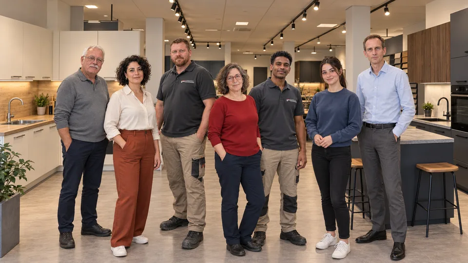 Das siebenköpfige Team im Hauptgang der Küchenausstellung.