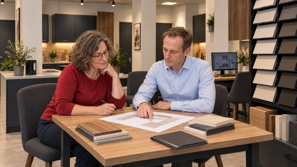 Beate Musterfrau und Falk Mustermann besprechen einen Küchenplan am Tisch.
