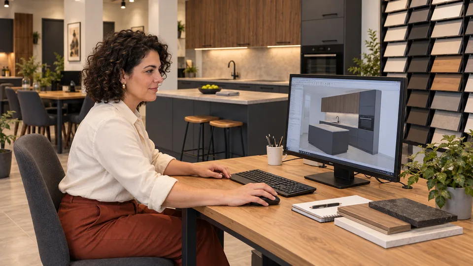 Selin Musterfrau arbeitet am Computer an einer Küchenplanung.