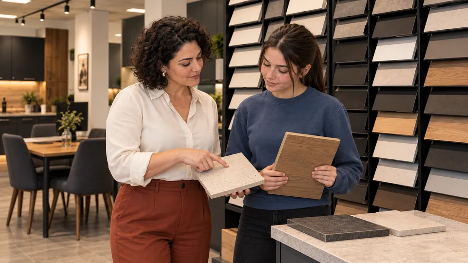 Selin Musterfrau und Paula Musterfrau vergleichen Materialmuster an der Musterwand.