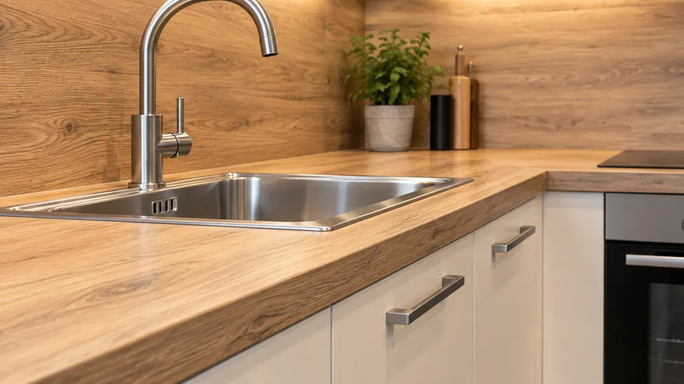 Arbeitsplatte in Eichenholzoptik mit Edelstahlspüle und Armatur in Küche A.