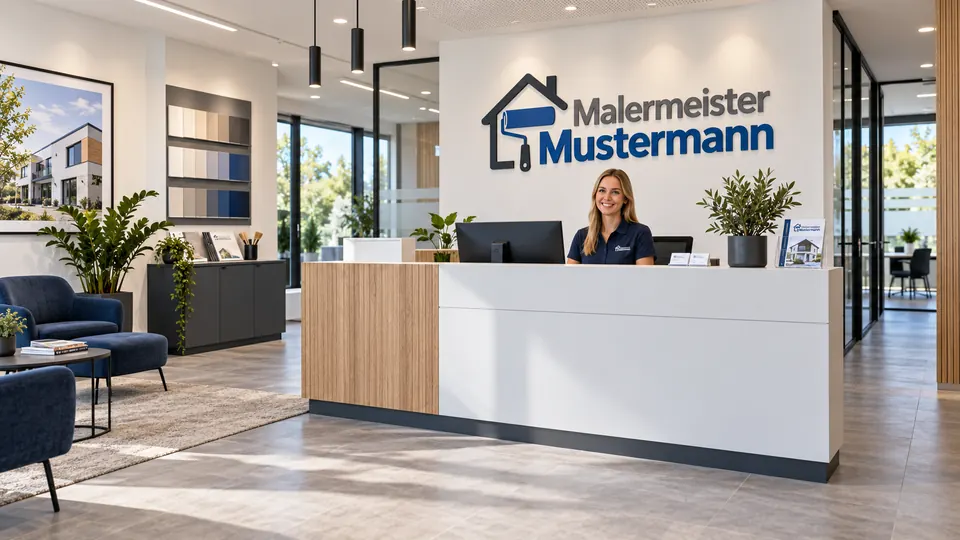 Empfangsbereich von Malermeister Mustermann mit Tresen, Logo an der Wand und einer Mitarbeiterin am Rechner