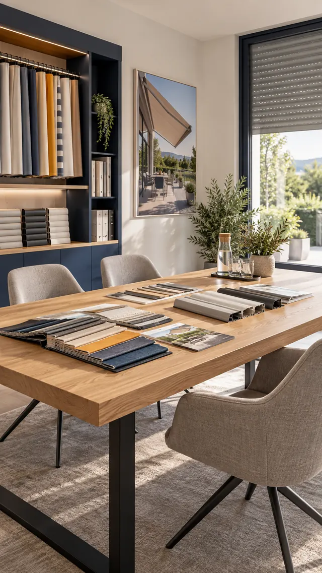 Beratungsraum mit Holztisch, ausgelegten Stoffmustern, Regal mit Musterbüchern und Blick auf eine Markise.