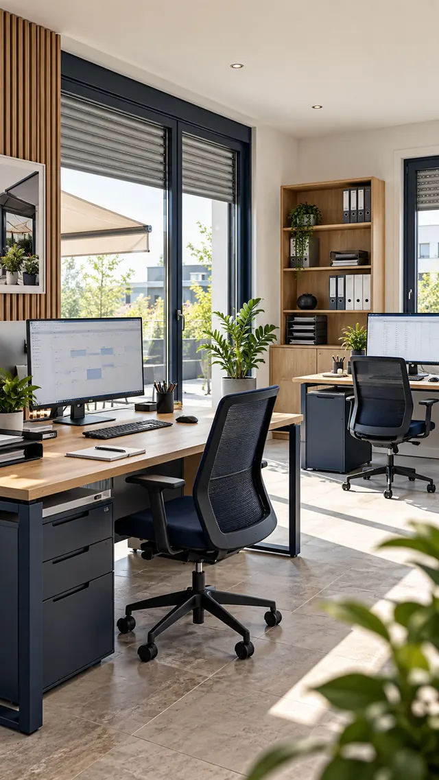Büro mit Schreibtisch, Bildschirmen und Regal, am Fenster ein Rollladen.