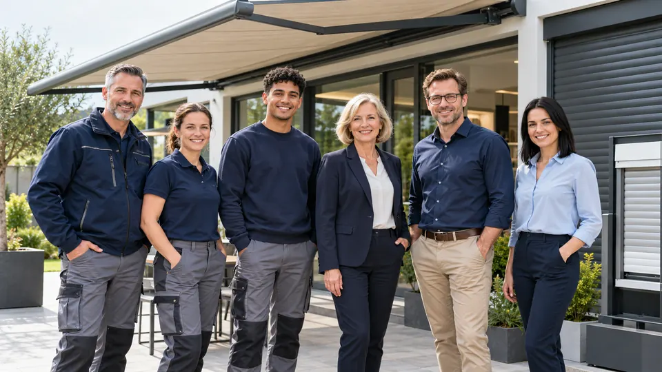 Das Team steht nebeneinander vor einer ausgefahrenen Markise: drei Monteure in Arbeitskleidung, zwei Personen aus der Beratung und eine Person aus dem Büro.