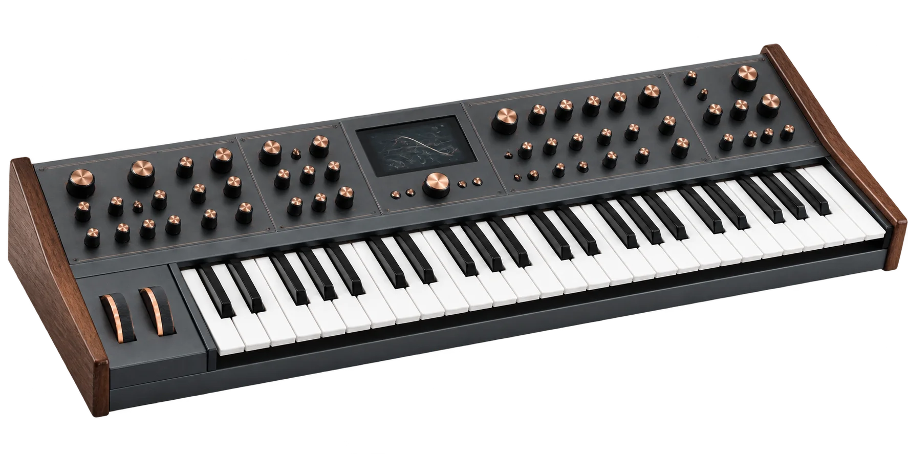 Moderner Synthesizer mit Holzseitenteilen und kupferfarbenen Reglern.