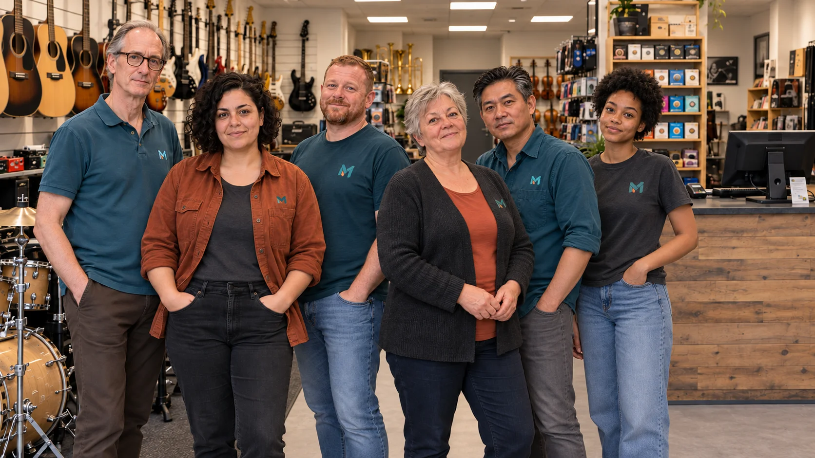 Das sechsköpfige Team von Musikgeschäft Mustermann.