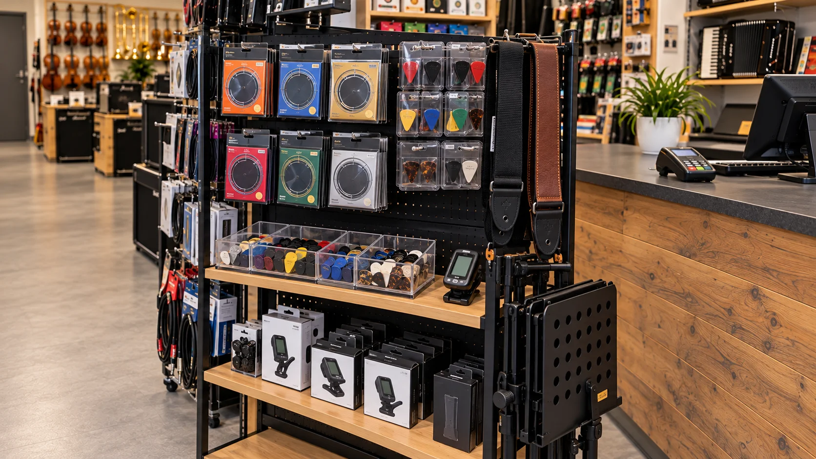 Saiten, Plektren und weiteres Musikzubehör an der Theke.
