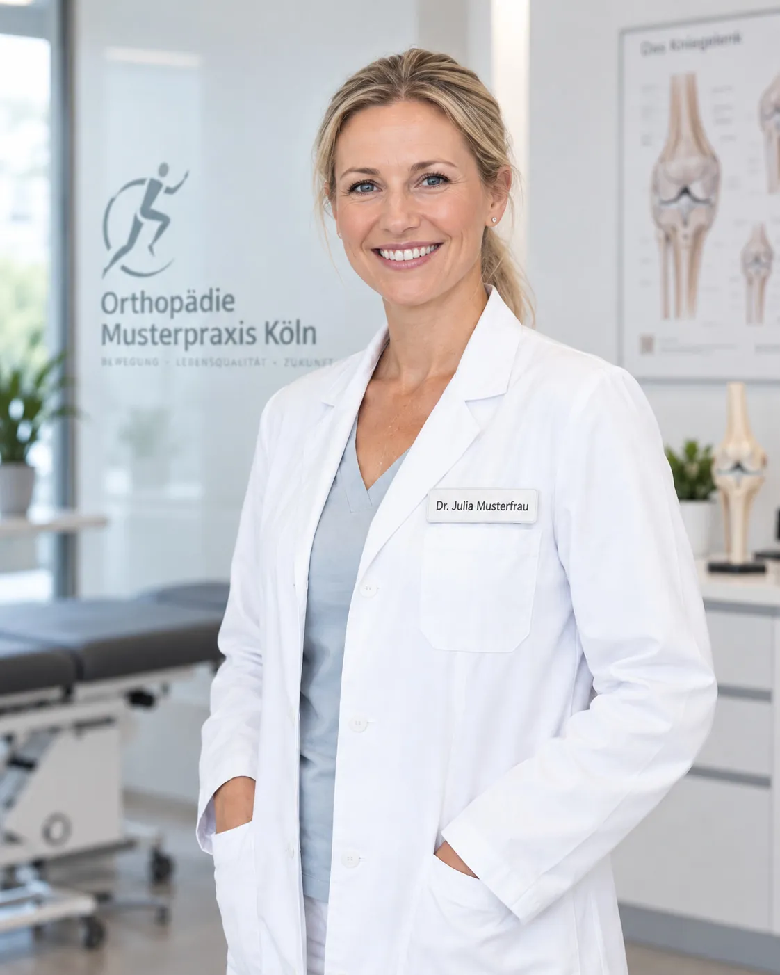Porträt von Dr. Julia Musterfrau im weißen Arztkittel