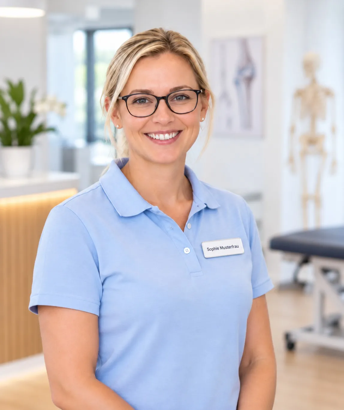 Porträt von Sophie Musterfrau mit Brille und hellblauem Poloshirt im Empfangsbereich der Praxis