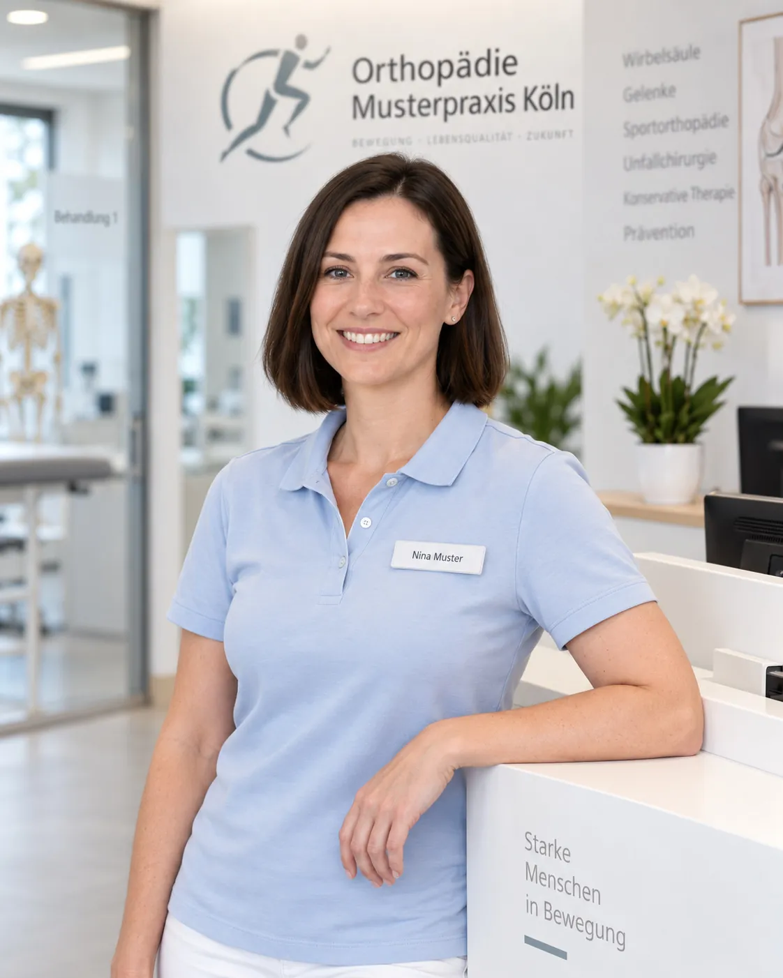 Porträt von Nina Musterfrau in hellblauem Poloshirt am Empfangstresen