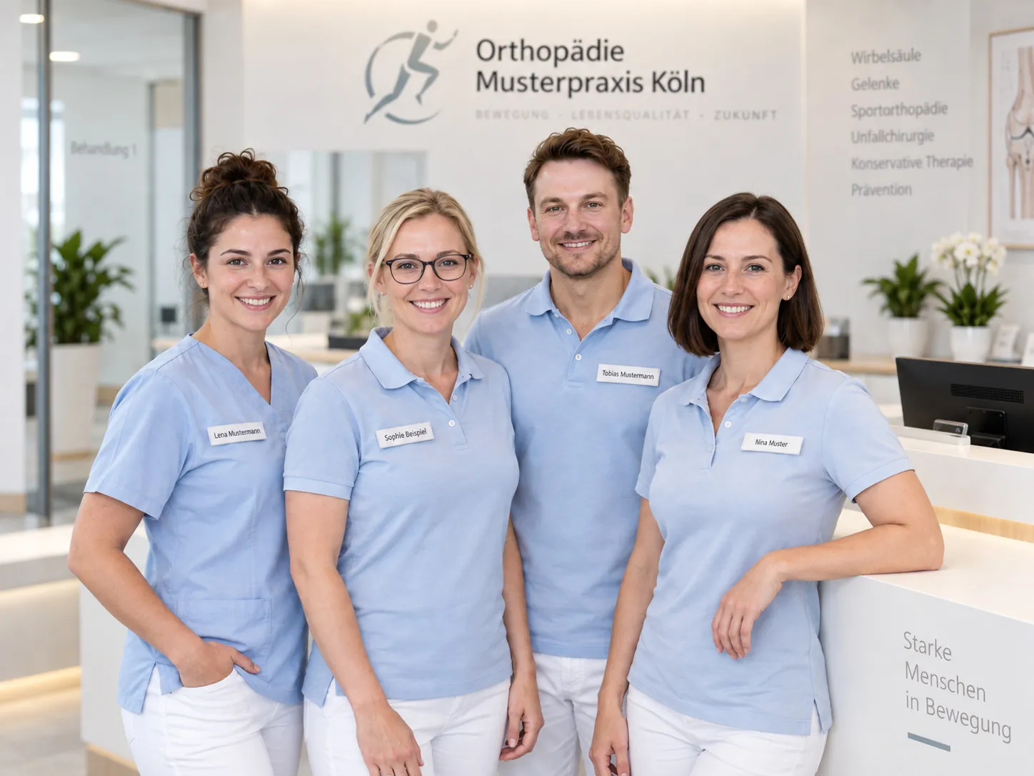 Das Praxisteam von Orthopädie Mustermann in hellblauer Praxiskleidung am Empfang