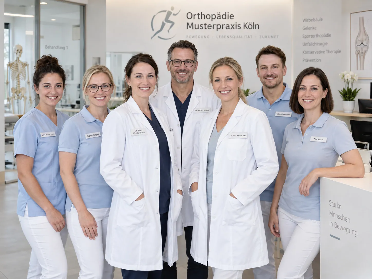 Ärzteteam und Praxisteam von Orthopädie Mustermann gemeinsam im hellen Empfangsbereich der Praxis