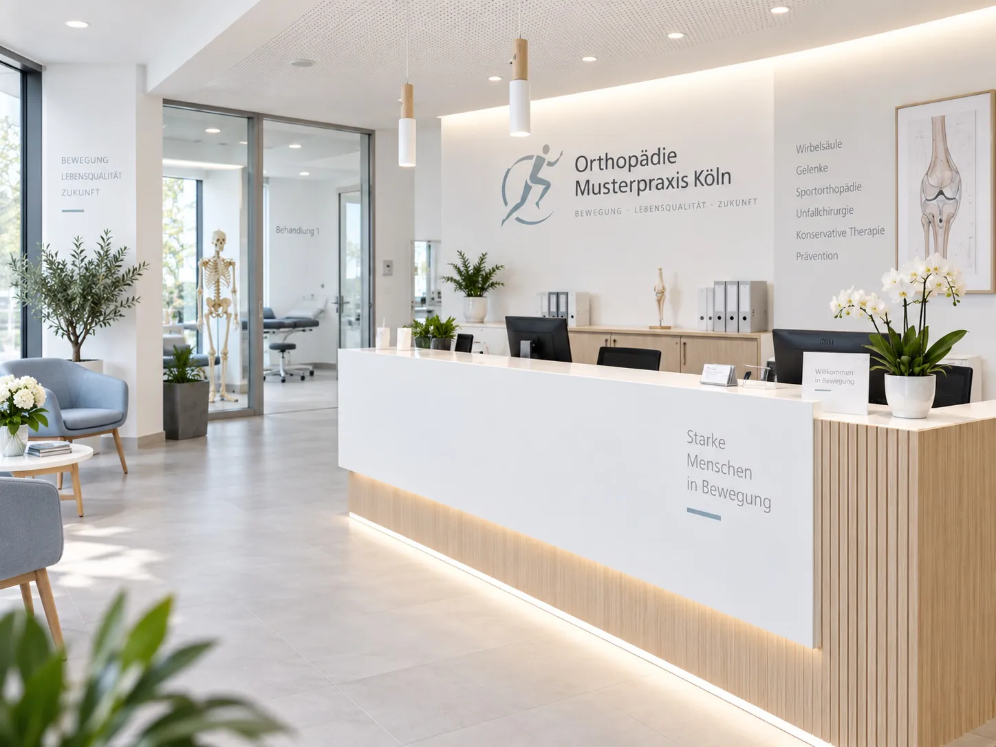 Heller Empfangsbereich mit Empfangstresen aus Holz, Orchideen und Wartesesseln
