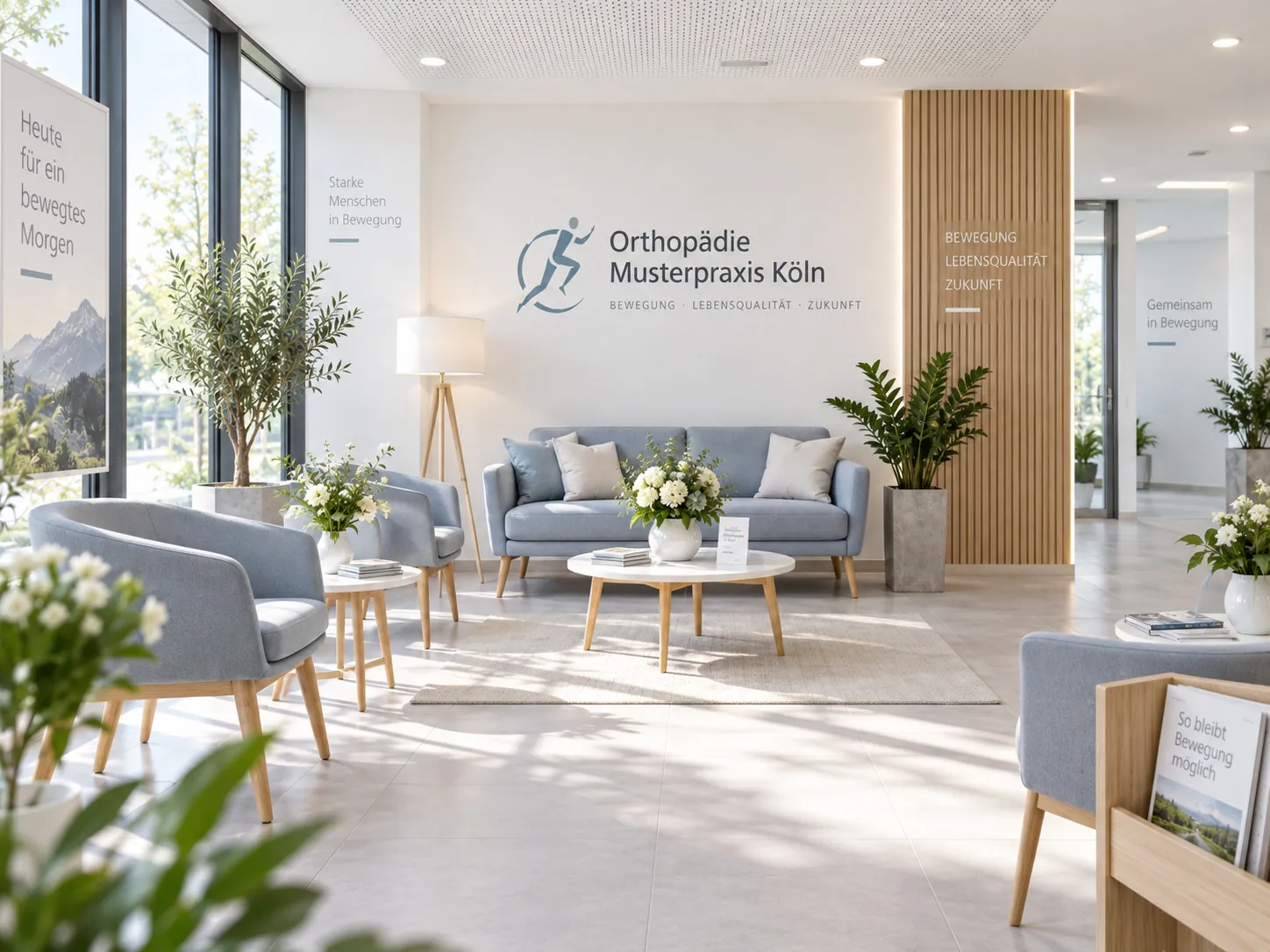 Wartebereich mit hellblauem Sofa, Sesseln, runden Holztischen und großen Fenstern