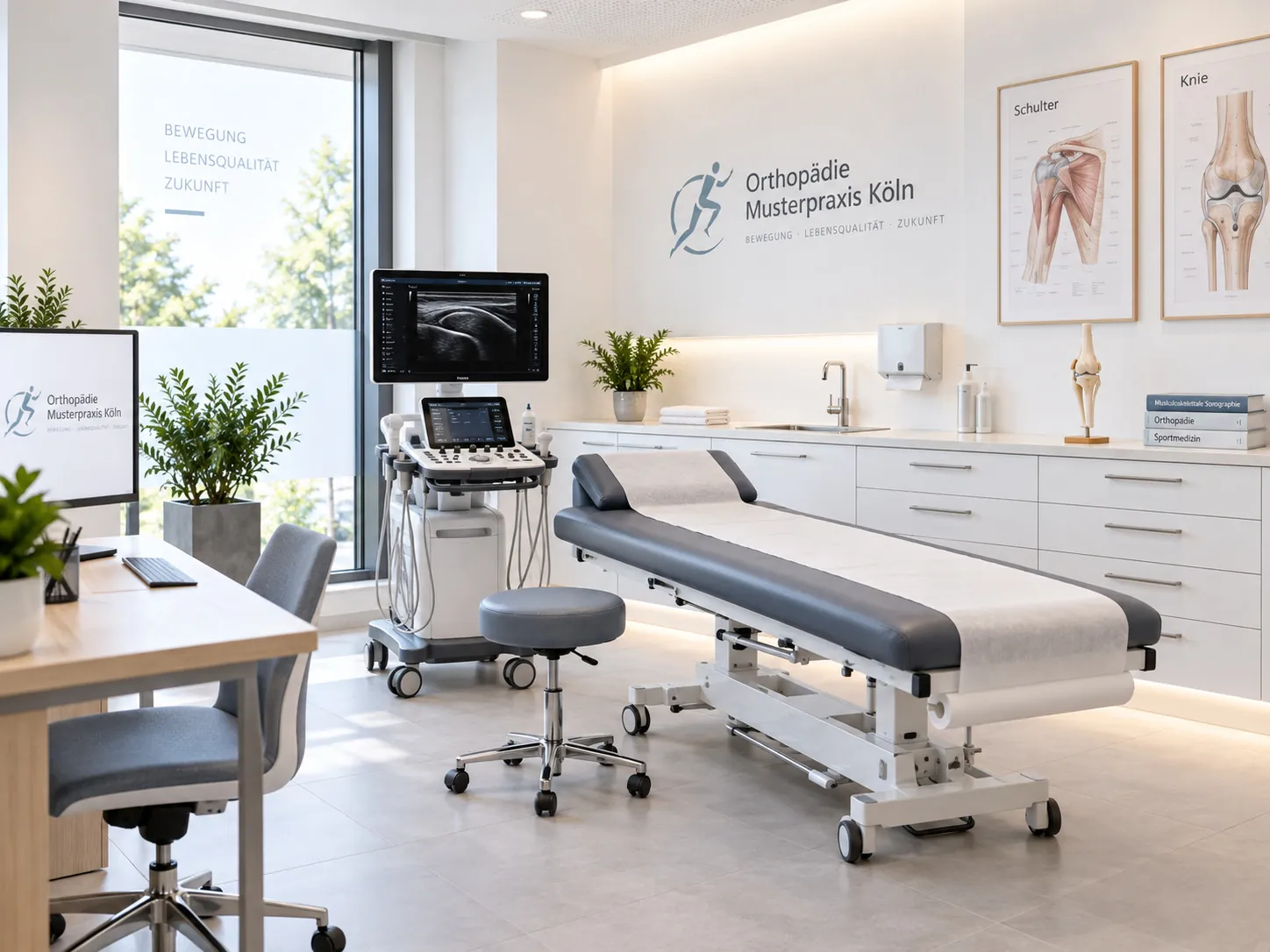 Ultraschallraum mit Ultraschallgerät, Untersuchungsliege und Anatomie-Postern von Schulter und Knie
