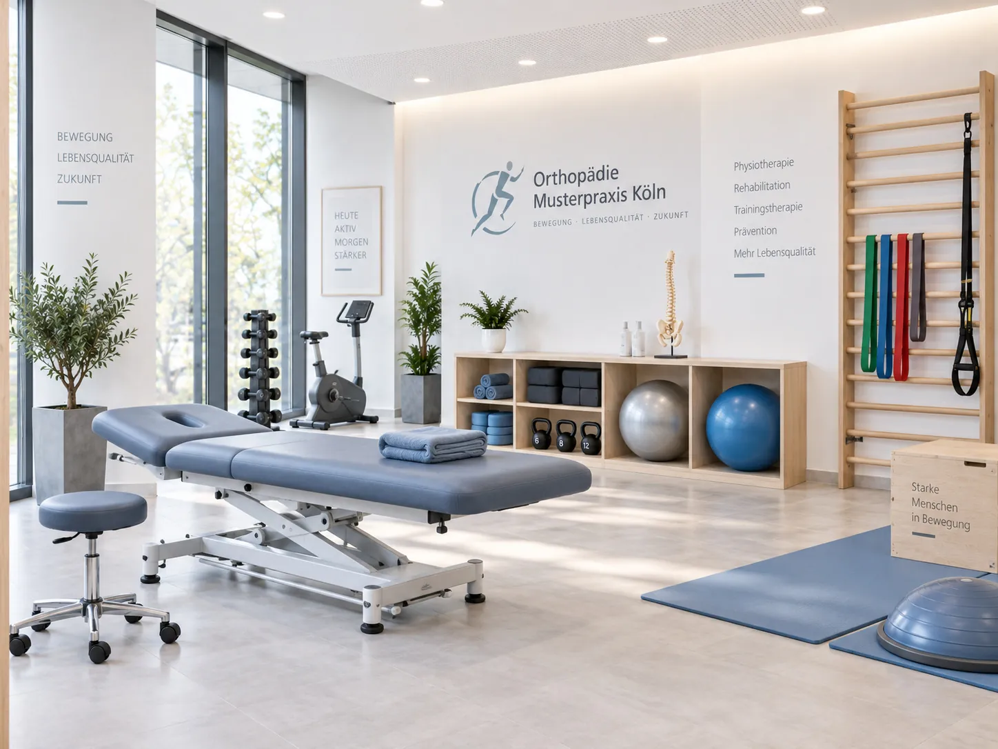 Therapie- und Trainingsraum mit Behandlungsliege, Sprossenwand, Gymnastikbällen und Trainingsfahrrad