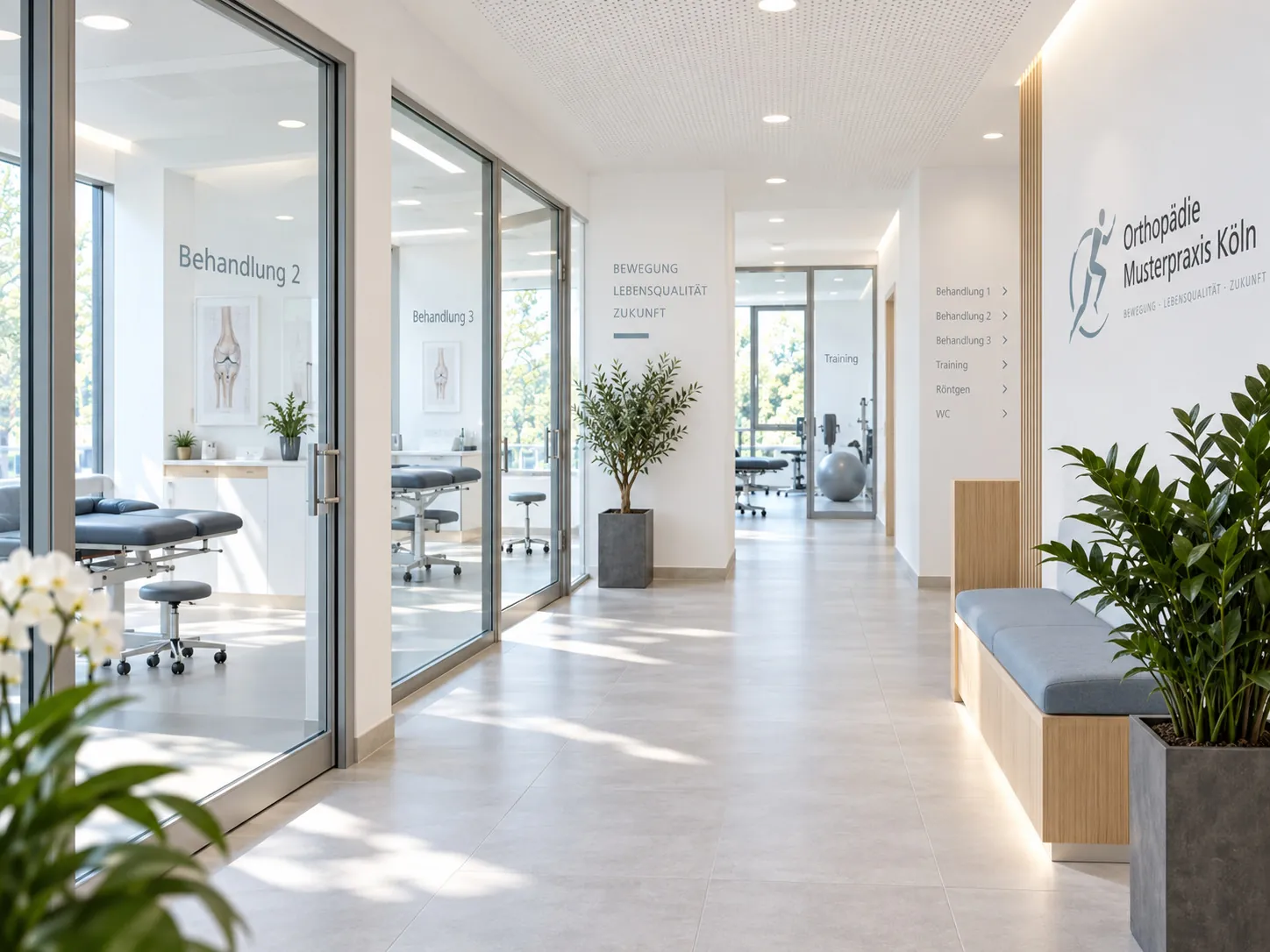 Heller Praxisflur mit Glaswänden zu den Behandlungsräumen und einer Sitzbank aus Holz