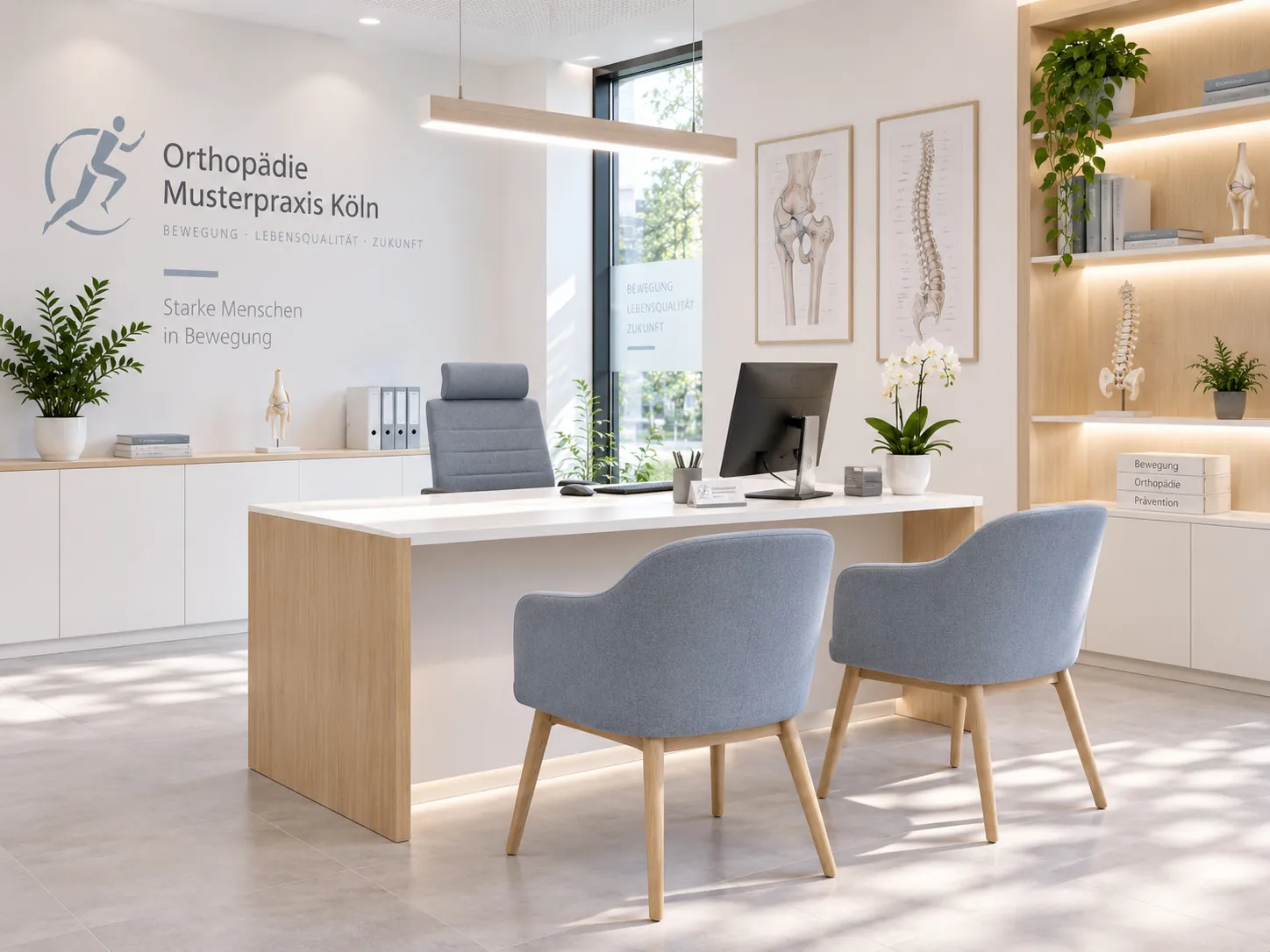 Arzt- und Beratungszimmer mit Schreibtisch, zwei Sesseln und Anatomie-Postern