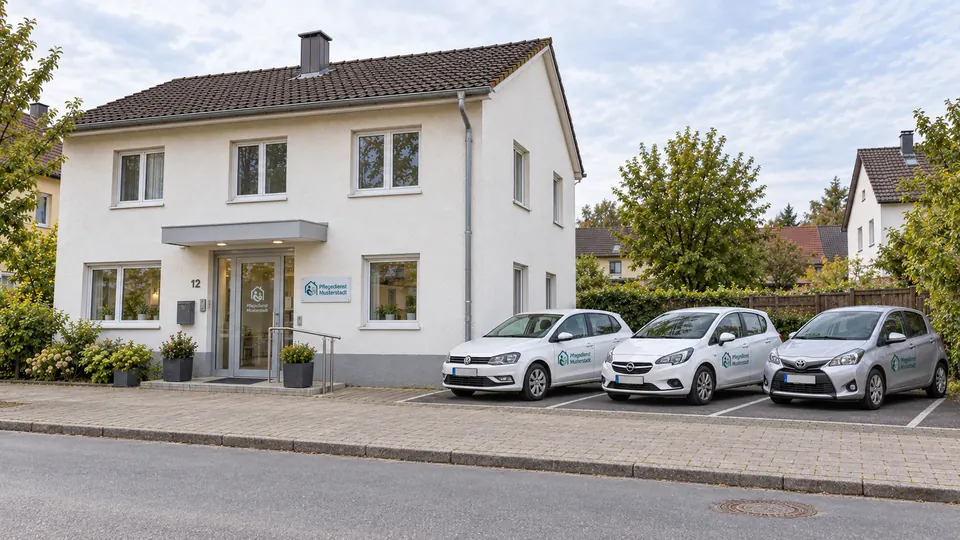 Drei Dienstfahrzeuge vor dem Pflegedienst in Musterstadt