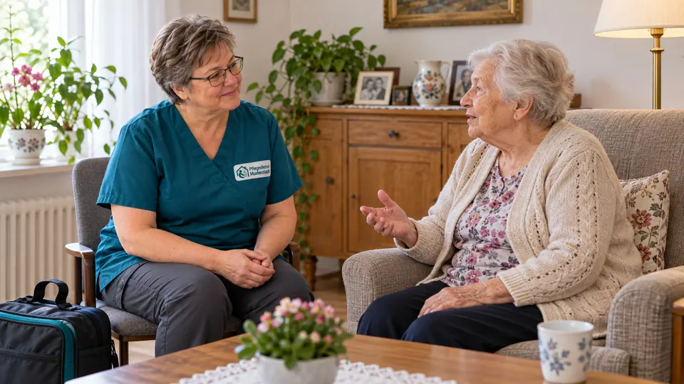 Petra Musterfrau im Gespräch mit einer älteren Patientin