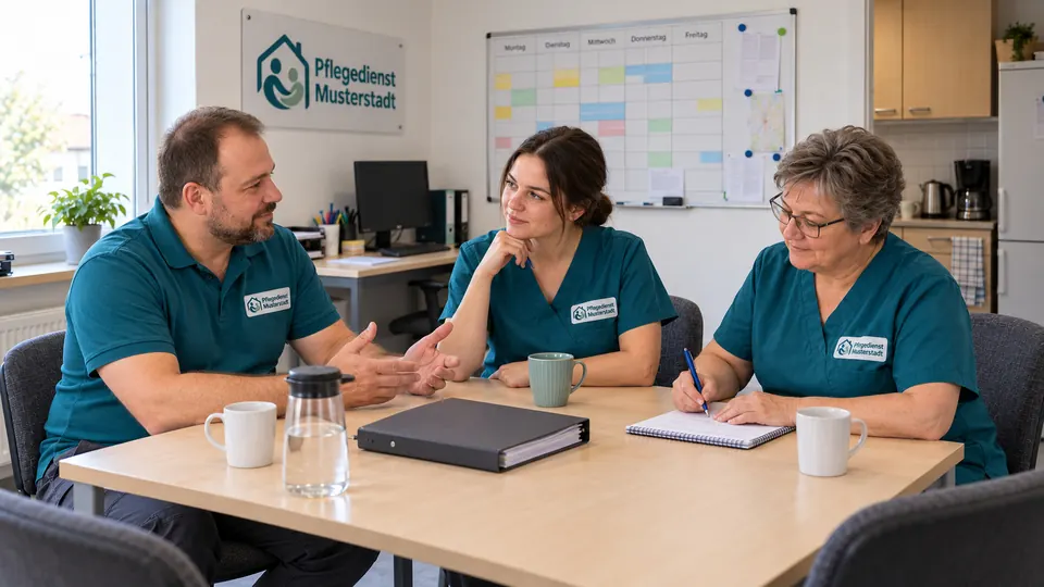 Thomas, Julia und Petra besprechen die Arbeit im Teamraum