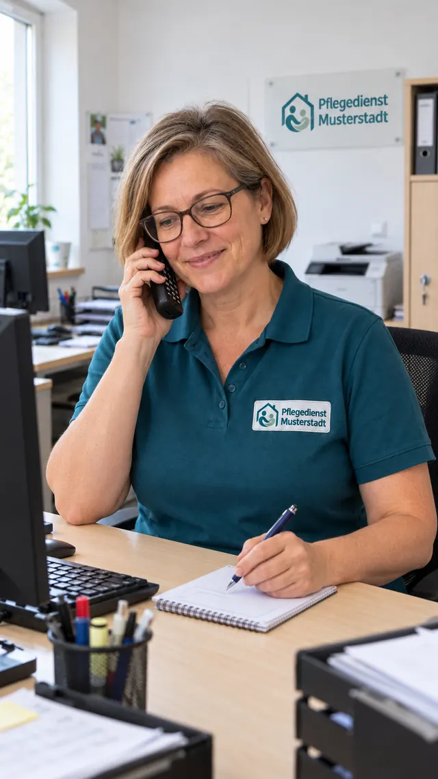 Sabine Musterfrau beim Telefongespräch im Büro