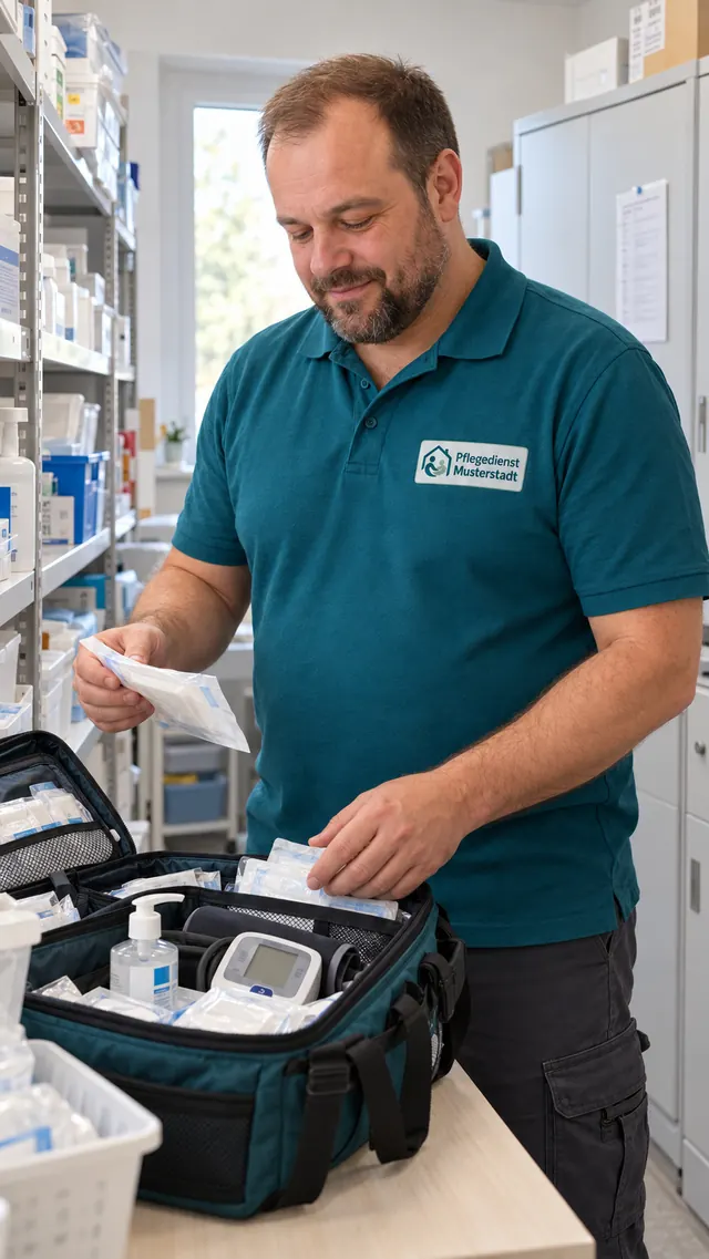 Thomas Mustermann bereitet eine Pflegetasche vor