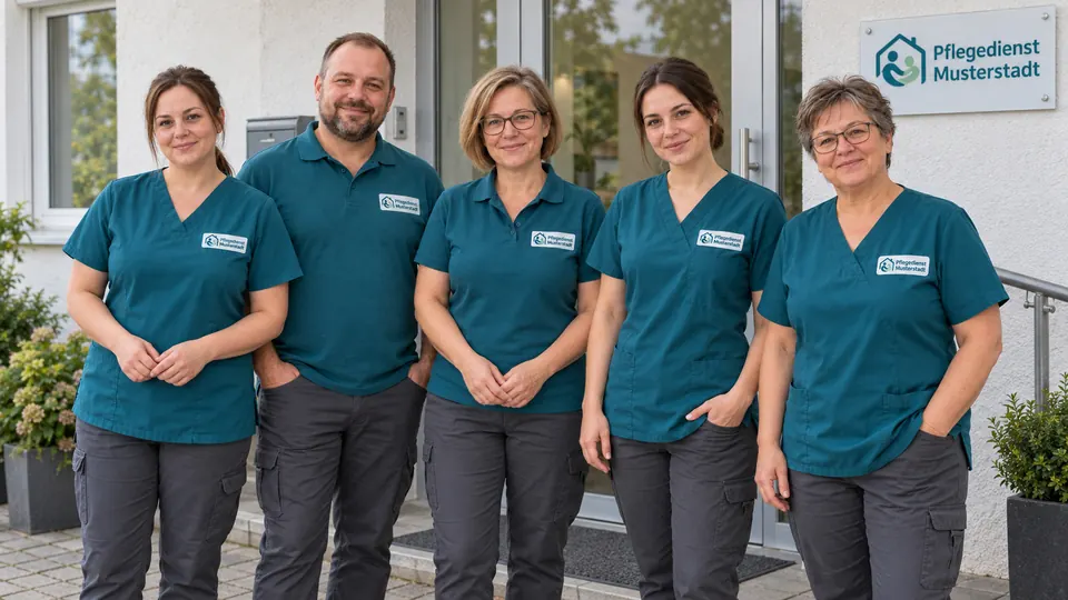 Die fünf Mitarbeitenden des Pflegedienstes vor dem Eingang