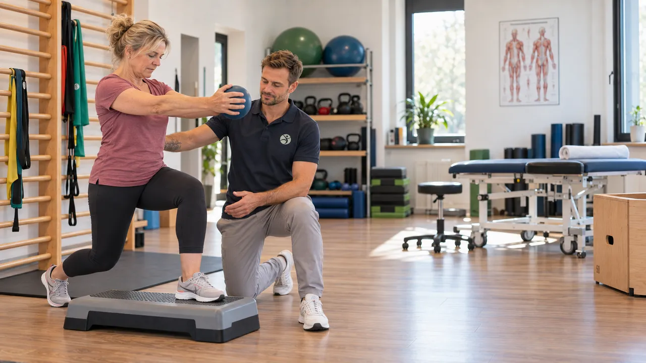 Eine Patientin macht einen Ausfallschritt auf einem Stepper und hält einen Ball, ein Therapeut kniet daneben.