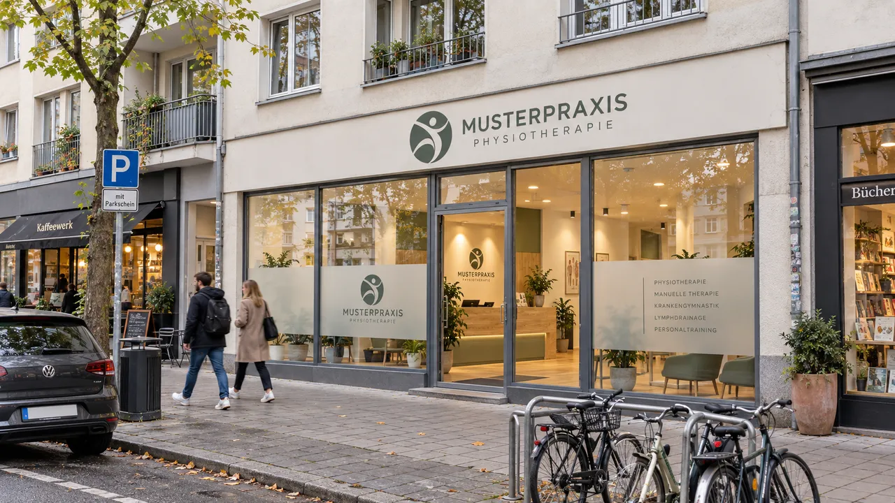 Außenansicht der Musterpraxis im Erdgeschoss eines Stadthauses mit Fahrrädern vor dem Eingang.