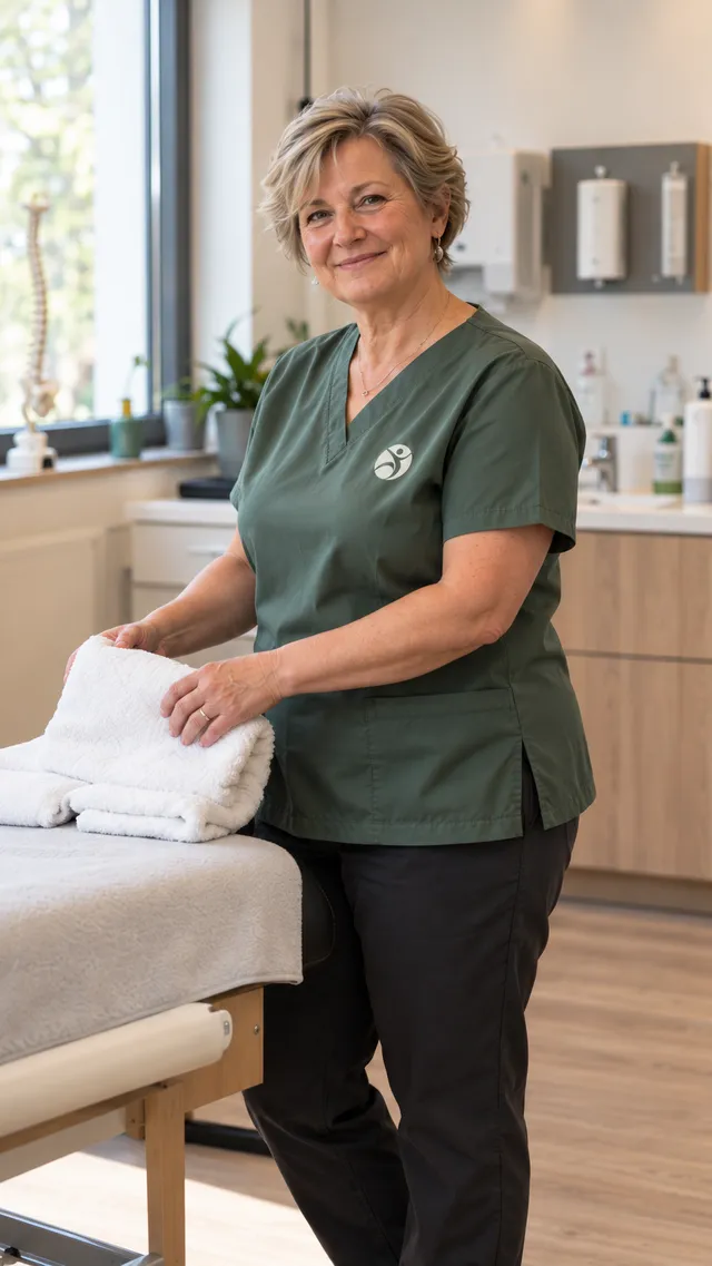 Claudia Musterfrau, Physiotherapeutin, legt ein Handtuch auf einer Behandlungsliege zurecht.