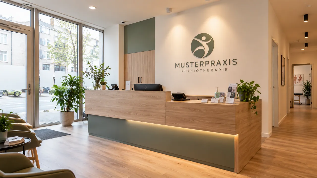 Empfangsbereich der Musterpraxis mit Tresen aus Eichenholz, Logo an der Wand und großen Fenstern zur Straße.