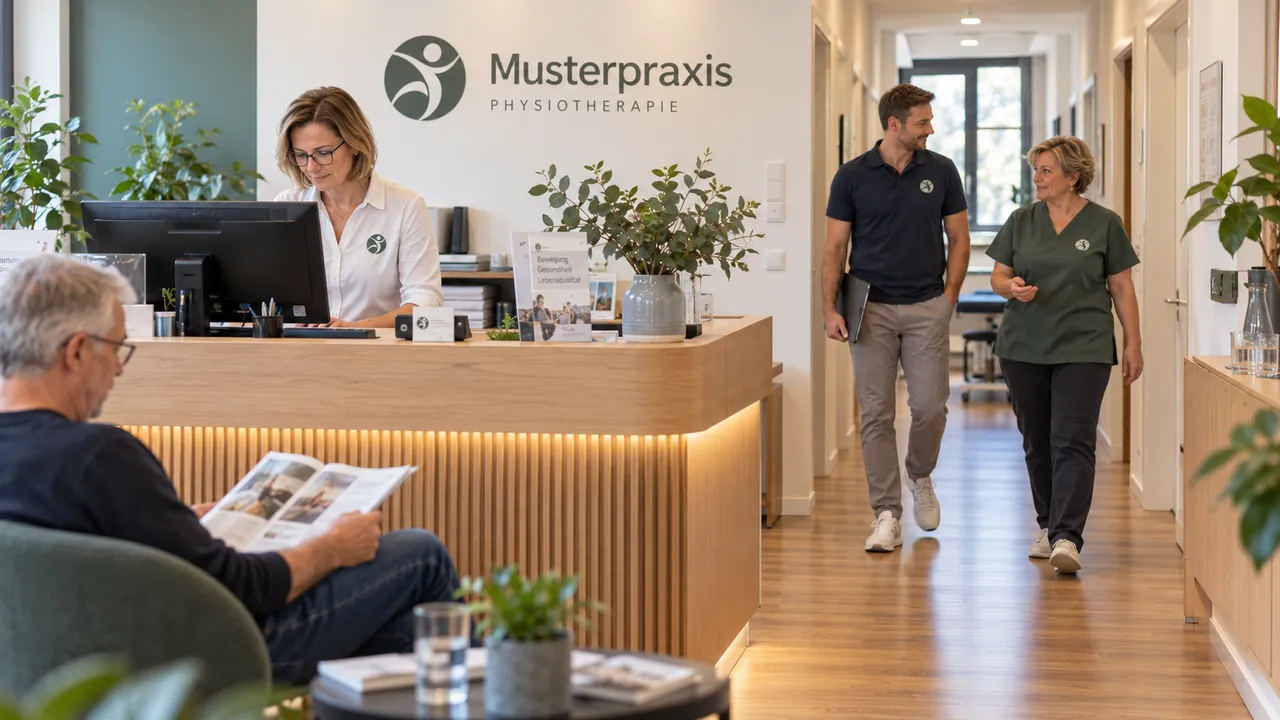 Praxisalltag: ein Patient liest im Wartebereich, am Empfang arbeitet eine Mitarbeiterin, im Flur gehen zwei Therapeuten.