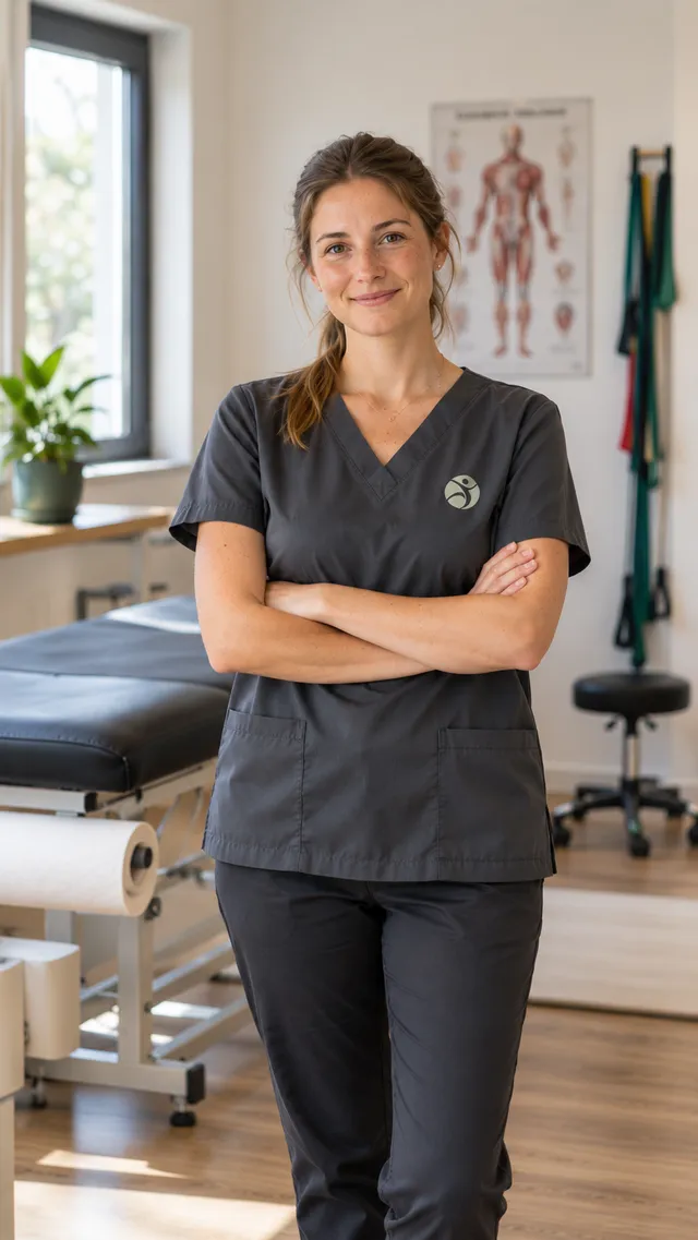 Sophie Musterfrau, Physiotherapeutin, mit verschränkten Armen in einem Behandlungsraum.