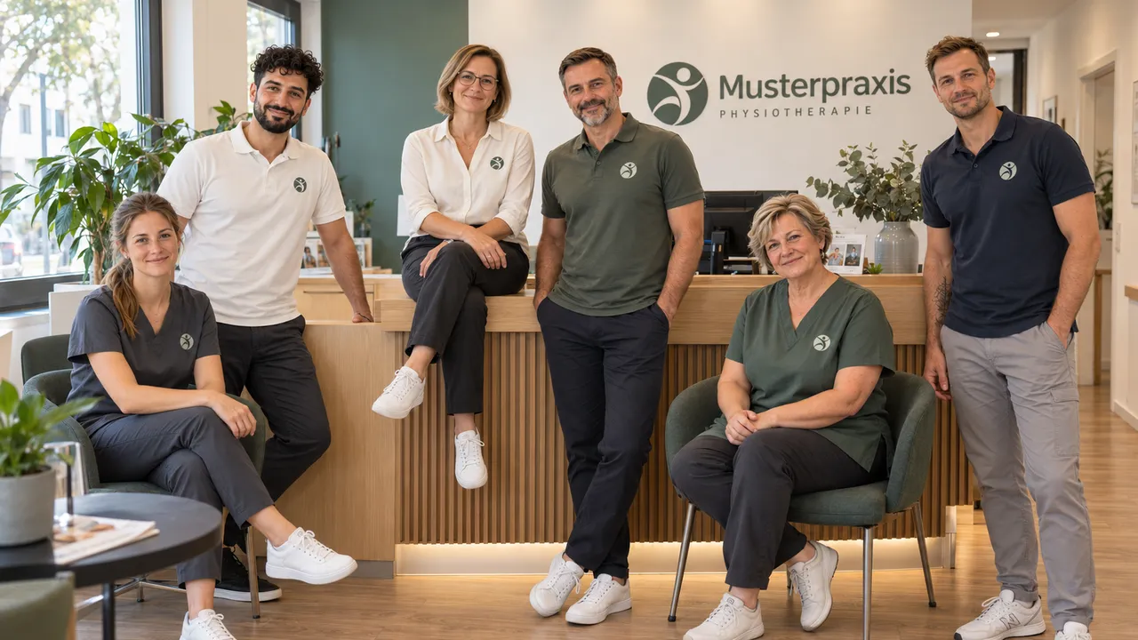 Das sechsköpfige Team der Musterpraxis vor dem Empfangstresen.