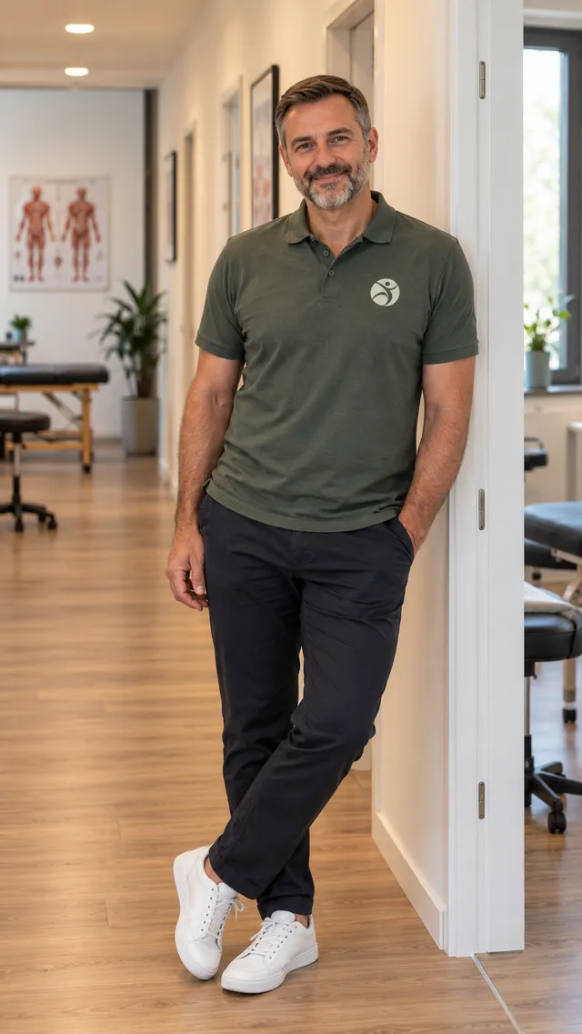 Thomas Mustermann, Physiotherapeut und Geschäftsführer, im grünen Poloshirt im Flur der Praxis.